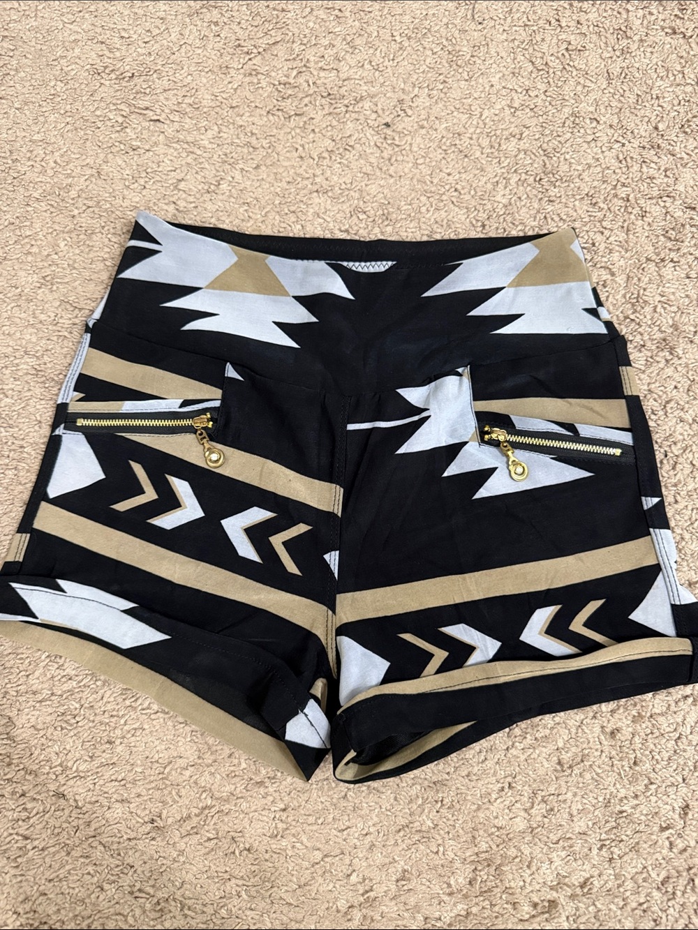High-Waist Black Patterned Women’s Shorts with Gold Zippers